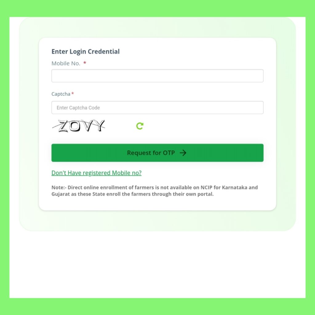 PMFBY login page mobile number enter step 3